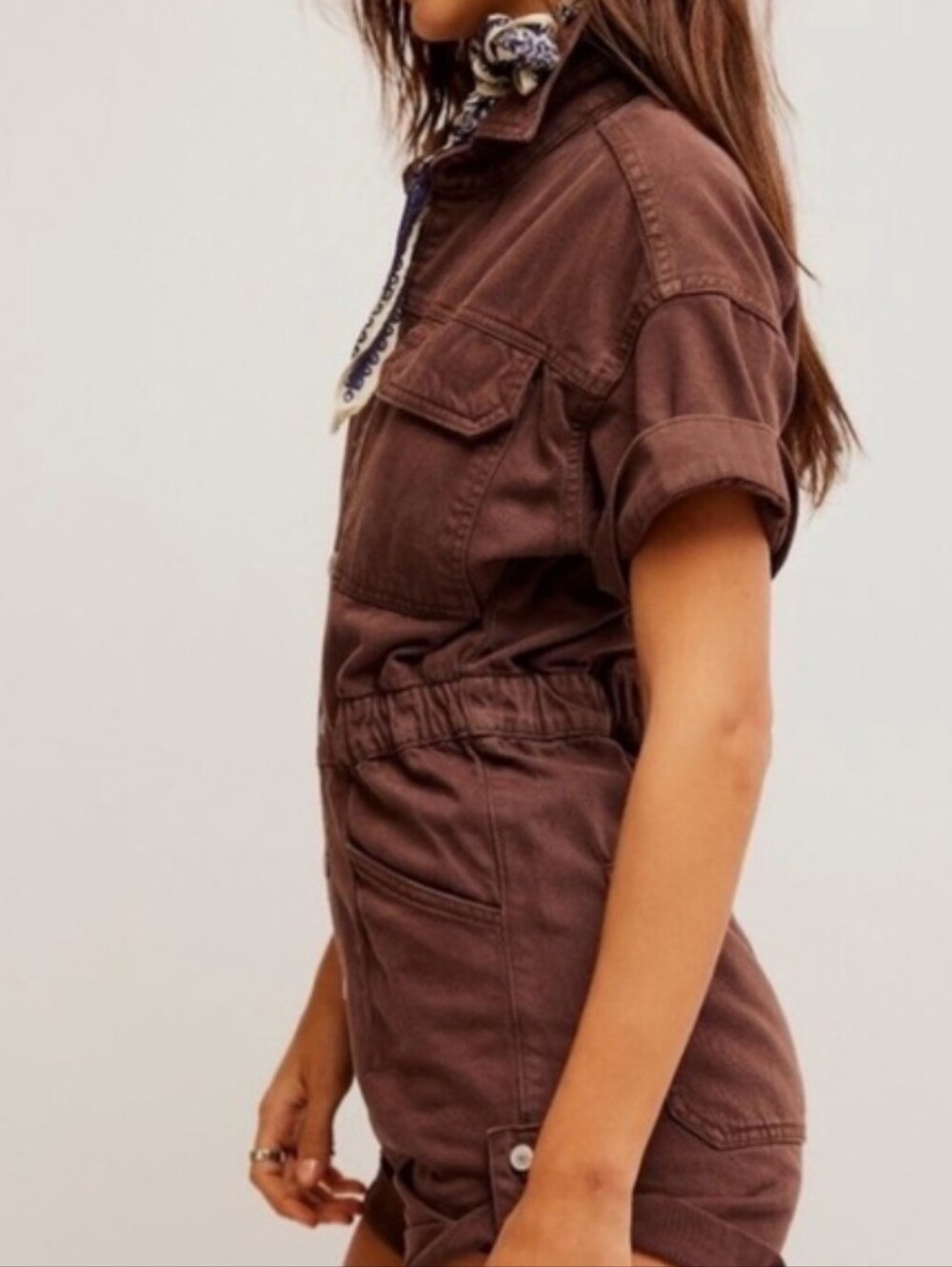 Free People Women's Brown Marci Denim Shortalls Romper. Sz L NWOT - Picture 3 of 13